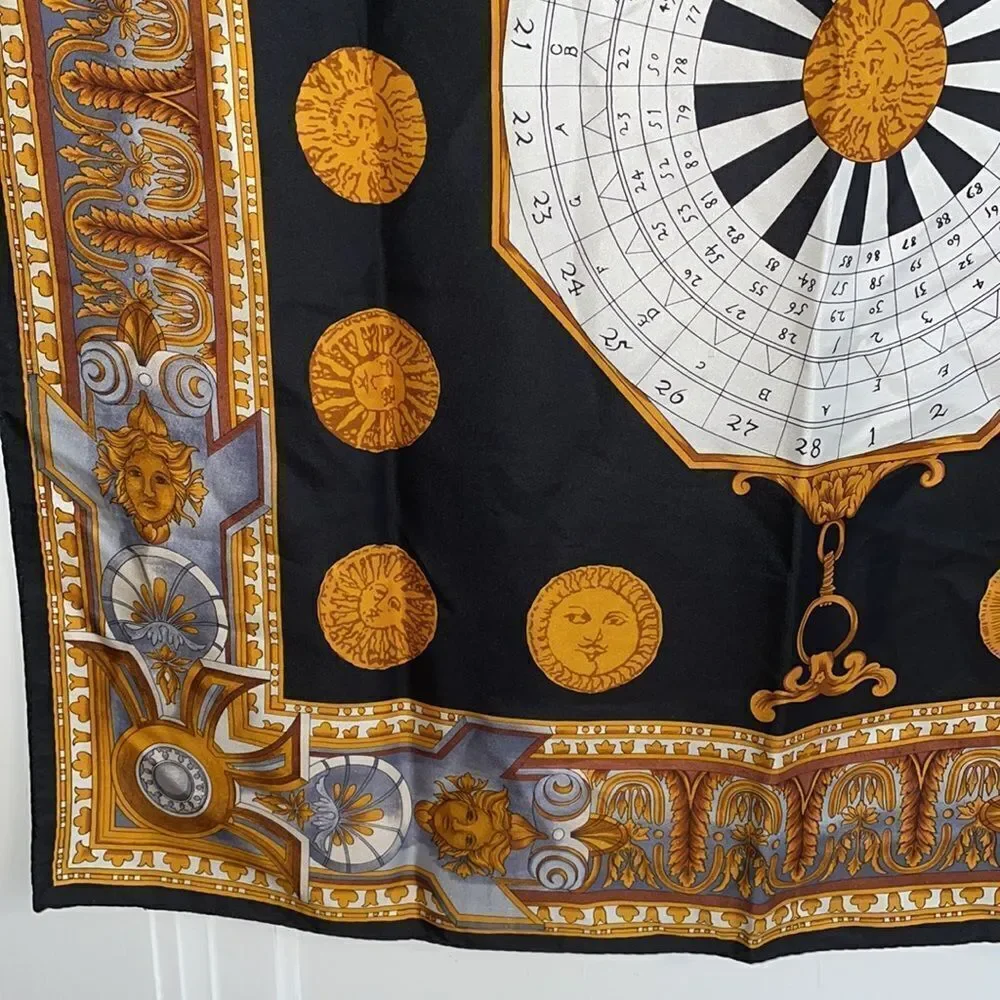 Vtg Alfred Sung black, gold, gray & white silk sun‎ astrology large square scarf